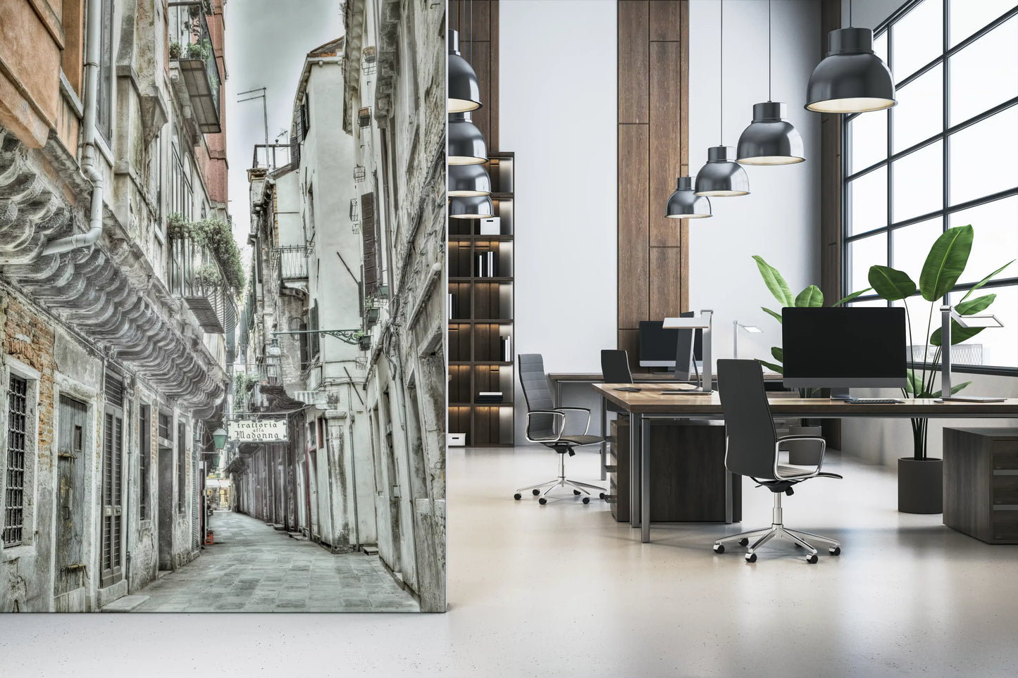 Rustic Alley street wall mural with weathered building textures and pipes.