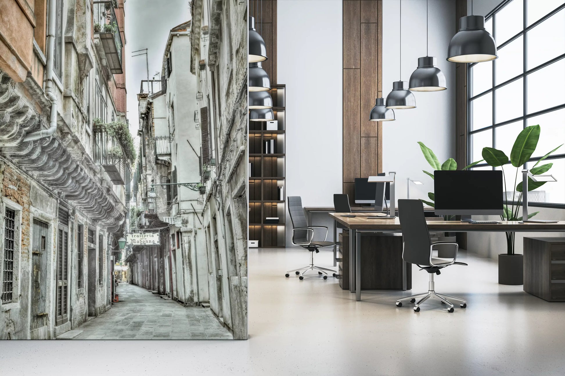 Rustic Alley street wall mural with weathered building textures and pipes.