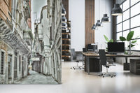 Rustic Alley street wall mural with weathered building textures and pipes.