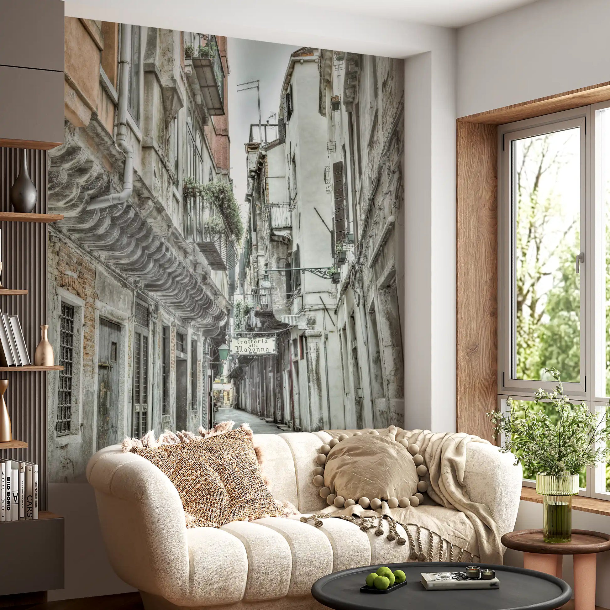 Weathered stone buildings in a narrow Alley wall mural for living room.