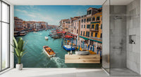 Turquoise water city vista Grand mural for bathroom wall decoration.
