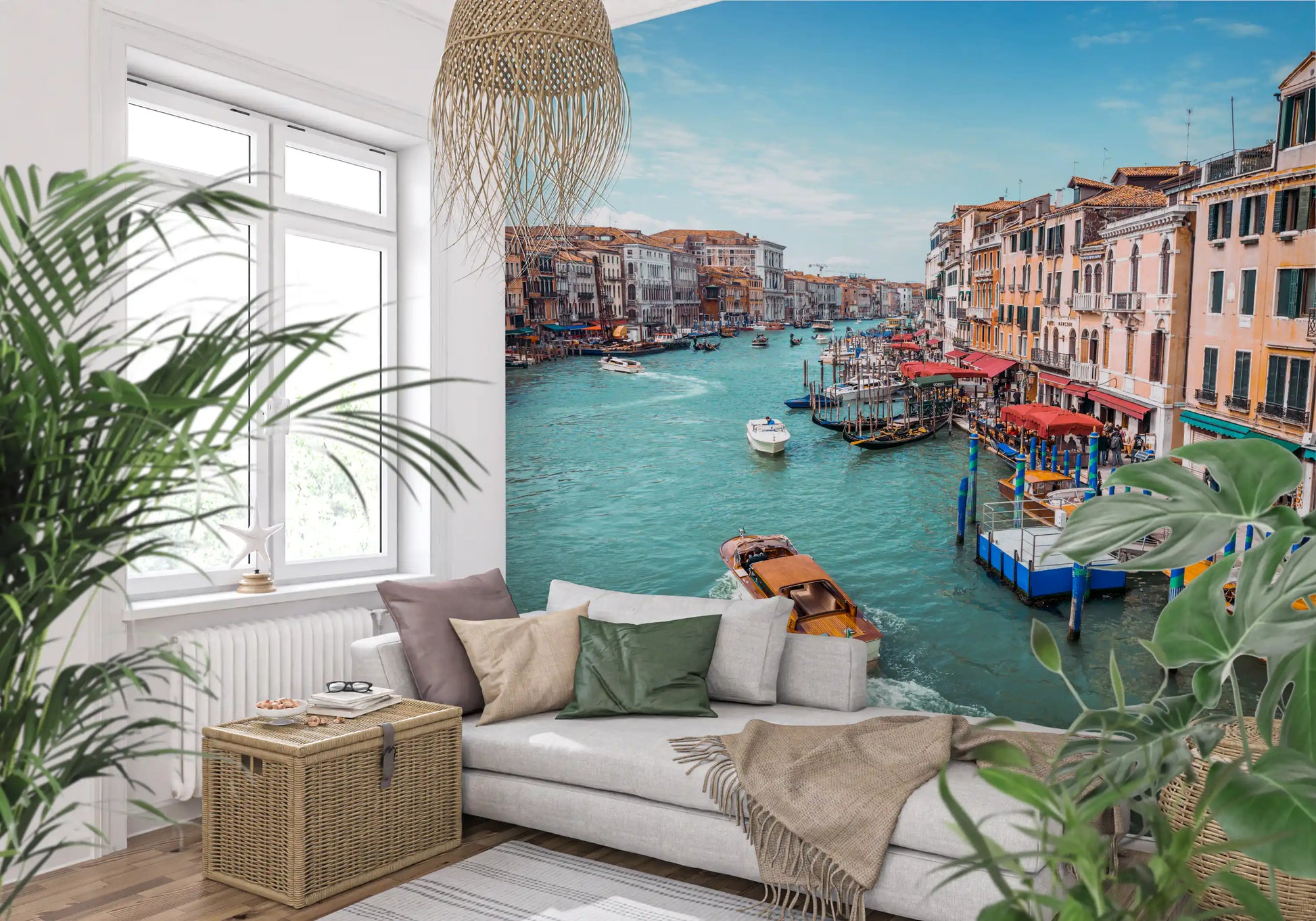 Canal waterway with wooden boats Grand mural for living room feature wall.