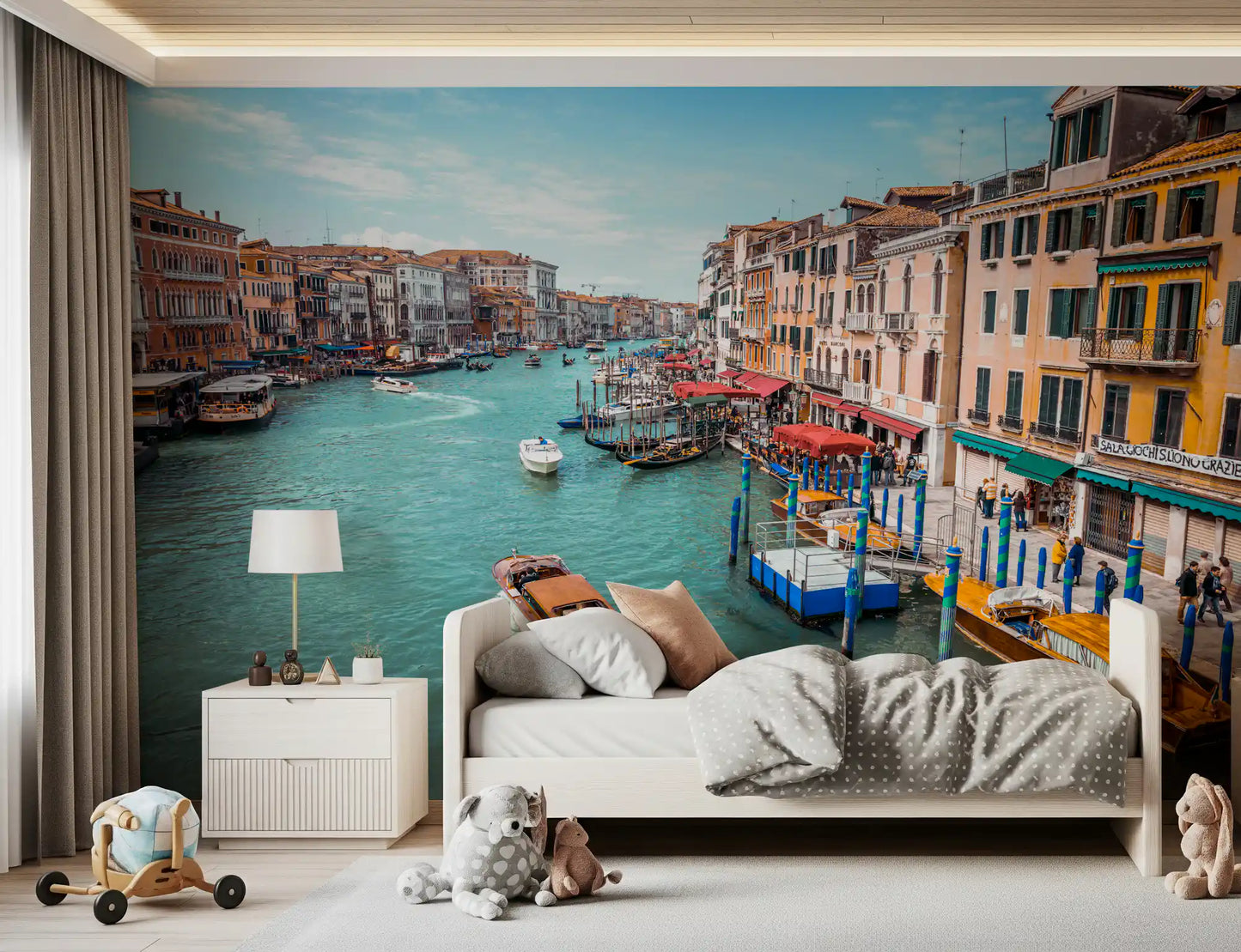 Canal wall mural showing wooden speedboats and terracotta facade architecture