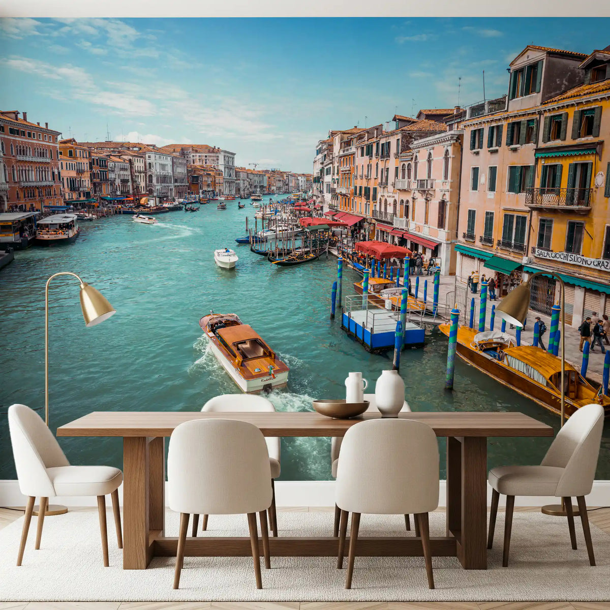 Blue water and wooden boats Grand Canal Splendor Wall Mural for dining room., GD9848