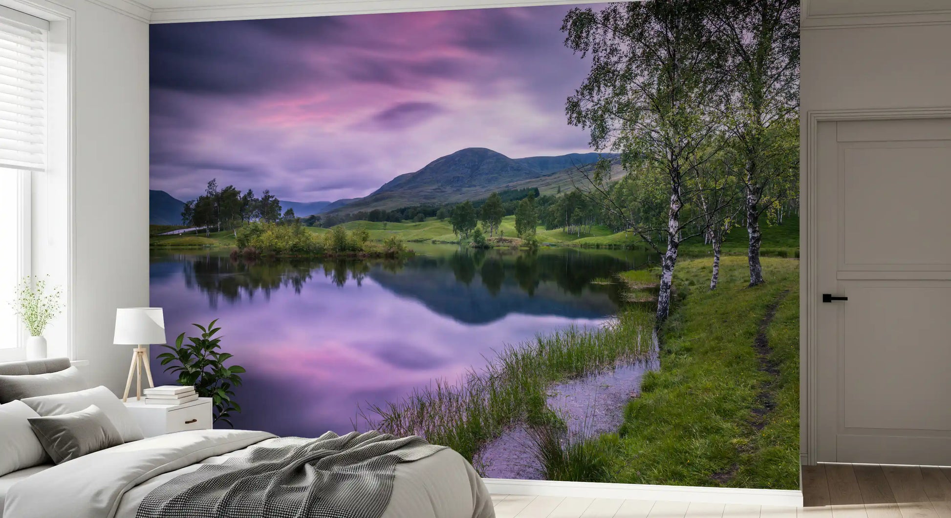 Highland Dusk Reflection Wall Mural with pink clouds and hills.