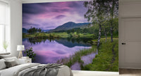Highland Dusk Reflection Wall Mural with pink clouds and hills.