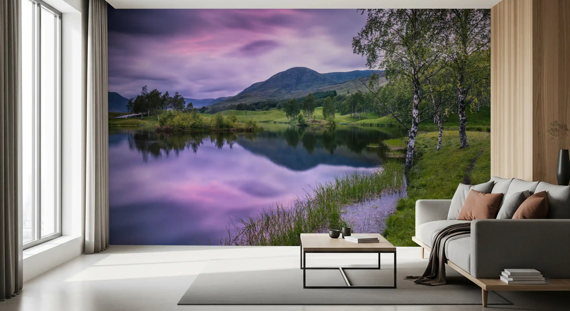 Highland Dusk Reflection Wall Mural with birch trees and lake water.