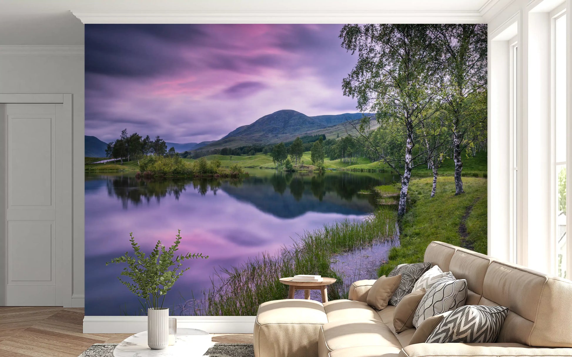 Mountain and lake scenery wall mural with purple sky for living room.