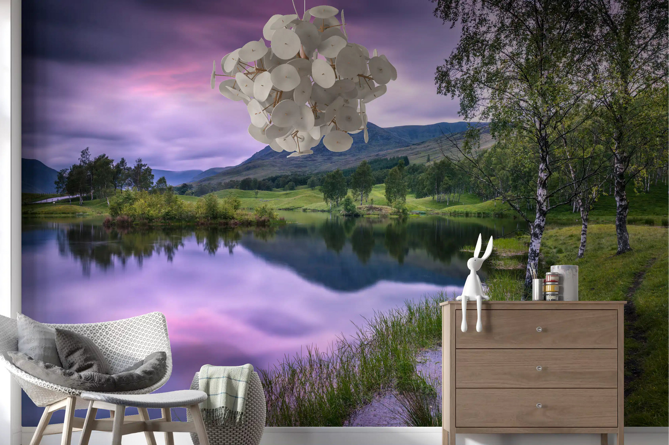 Purple sunset over mountain and lake wall mural for hallway interior.