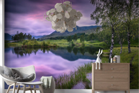 Purple sunset over mountain and lake wall mural for hallway interior.