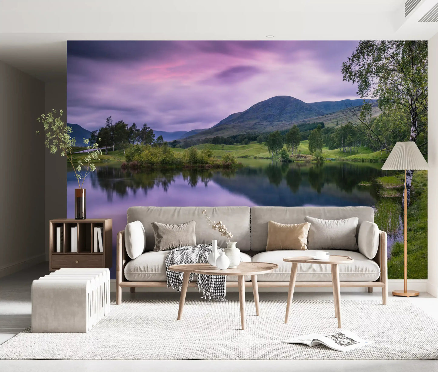 Lush green landscape wall mural with mountain reflection for living room.