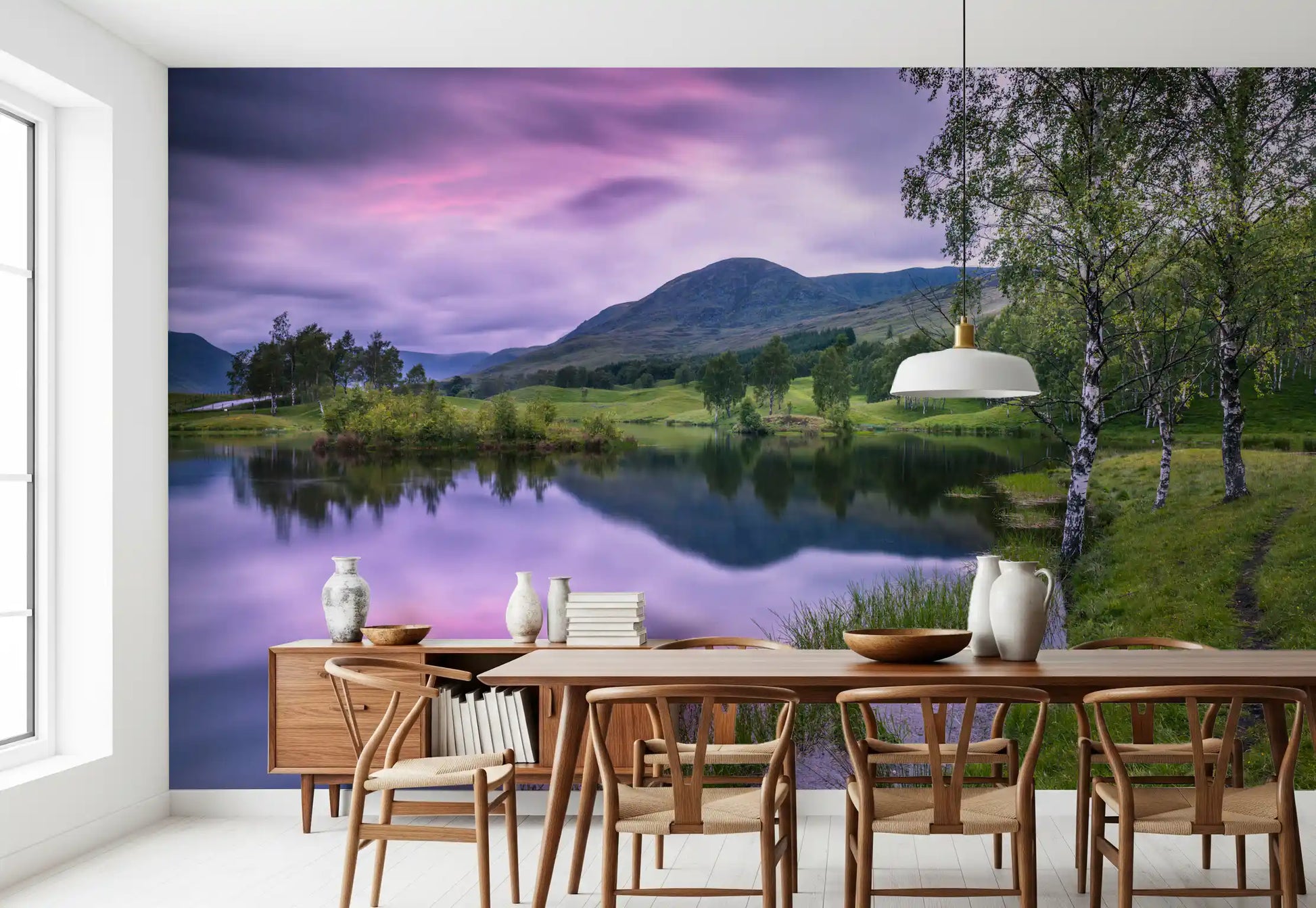 Nature scenery wall mural with green hills and purple sky reflections.