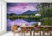 Nature scenery wall mural with green hills and purple sky reflections.