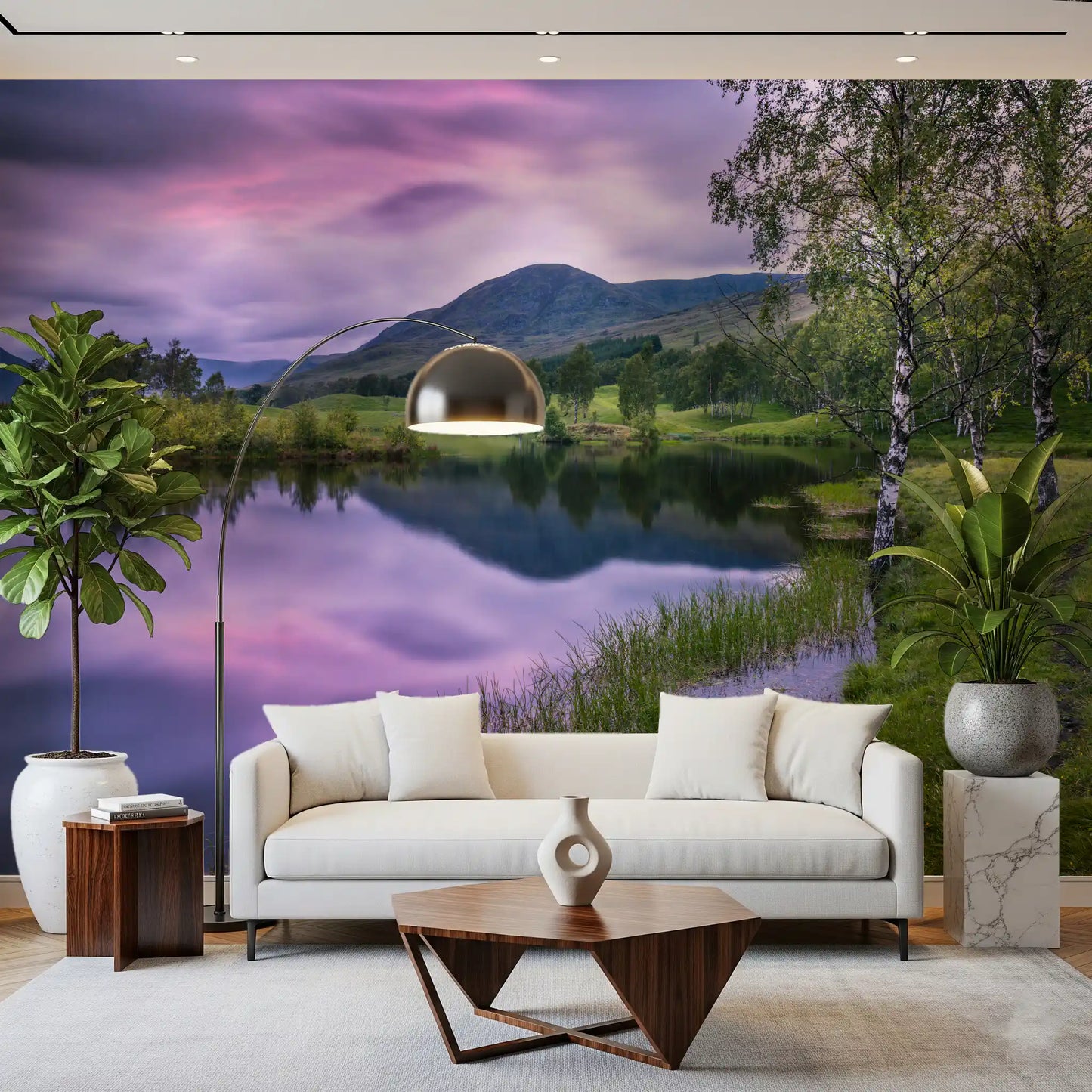Highland Dusk Reflection Wall Mural with purple tones and green hills.