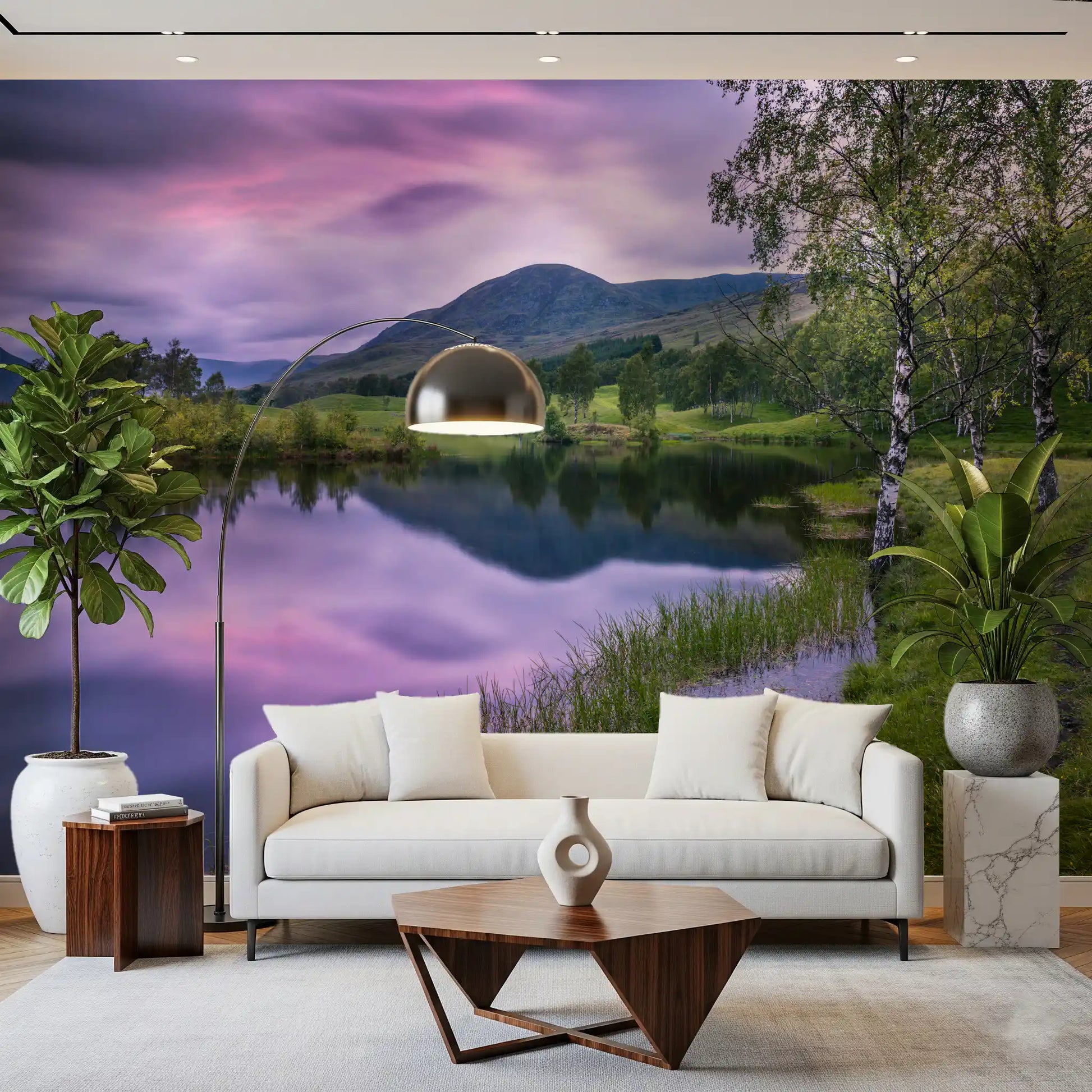 Highland Dusk Reflection Wall Mural with purple tones and green hills.