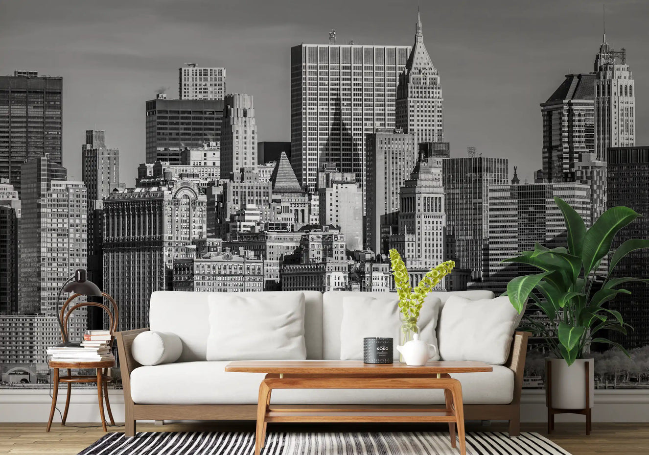 Manhattan Monochrome Majesty Wall Mural in a modern living room.
