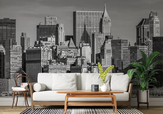 Manhattan Monochrome Majesty Wall Mural in a modern living room.