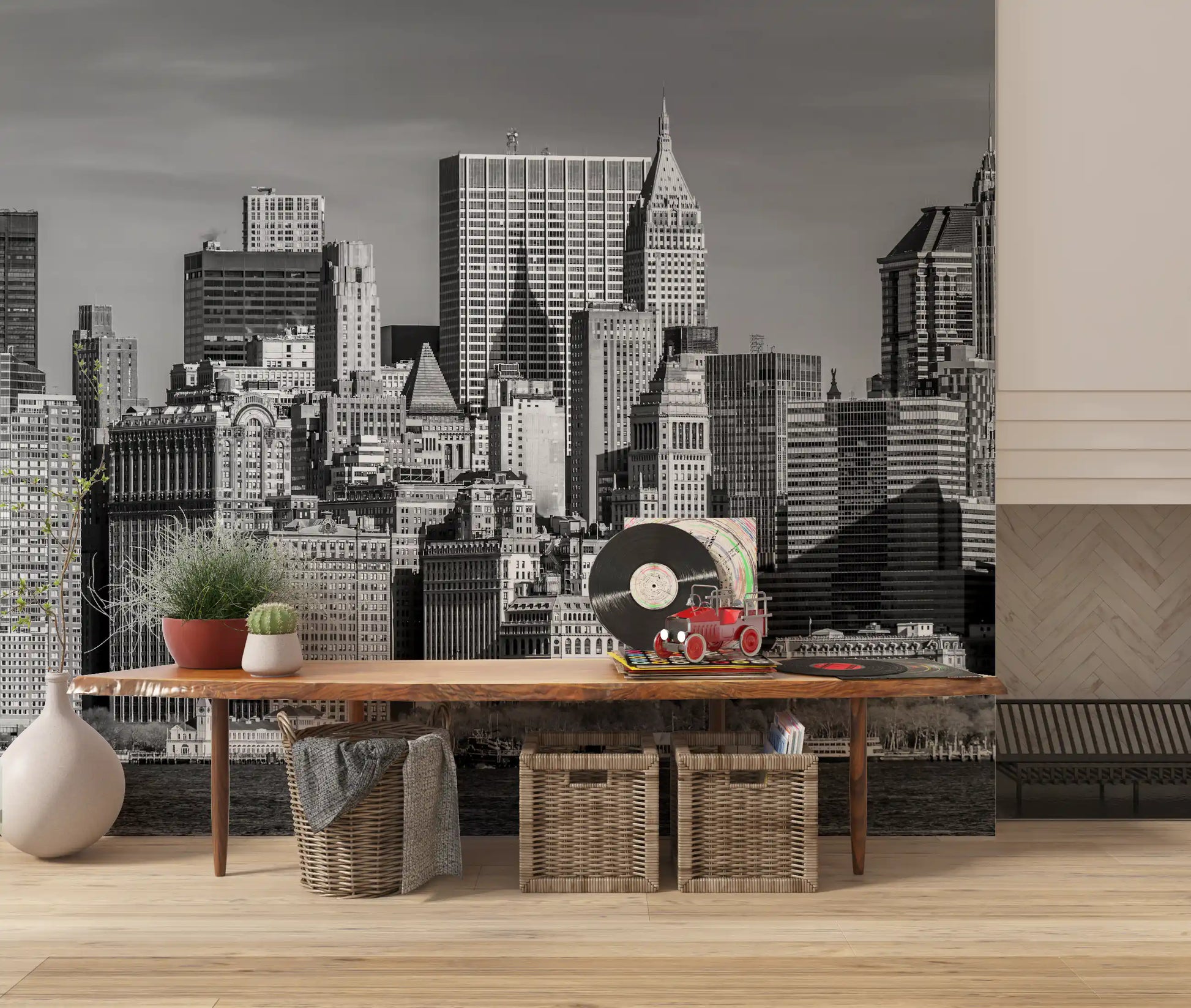 Monochrome cityscape wall mural showing New York buildings.