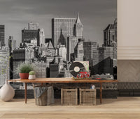 Monochrome cityscape wall mural showing New York buildings.