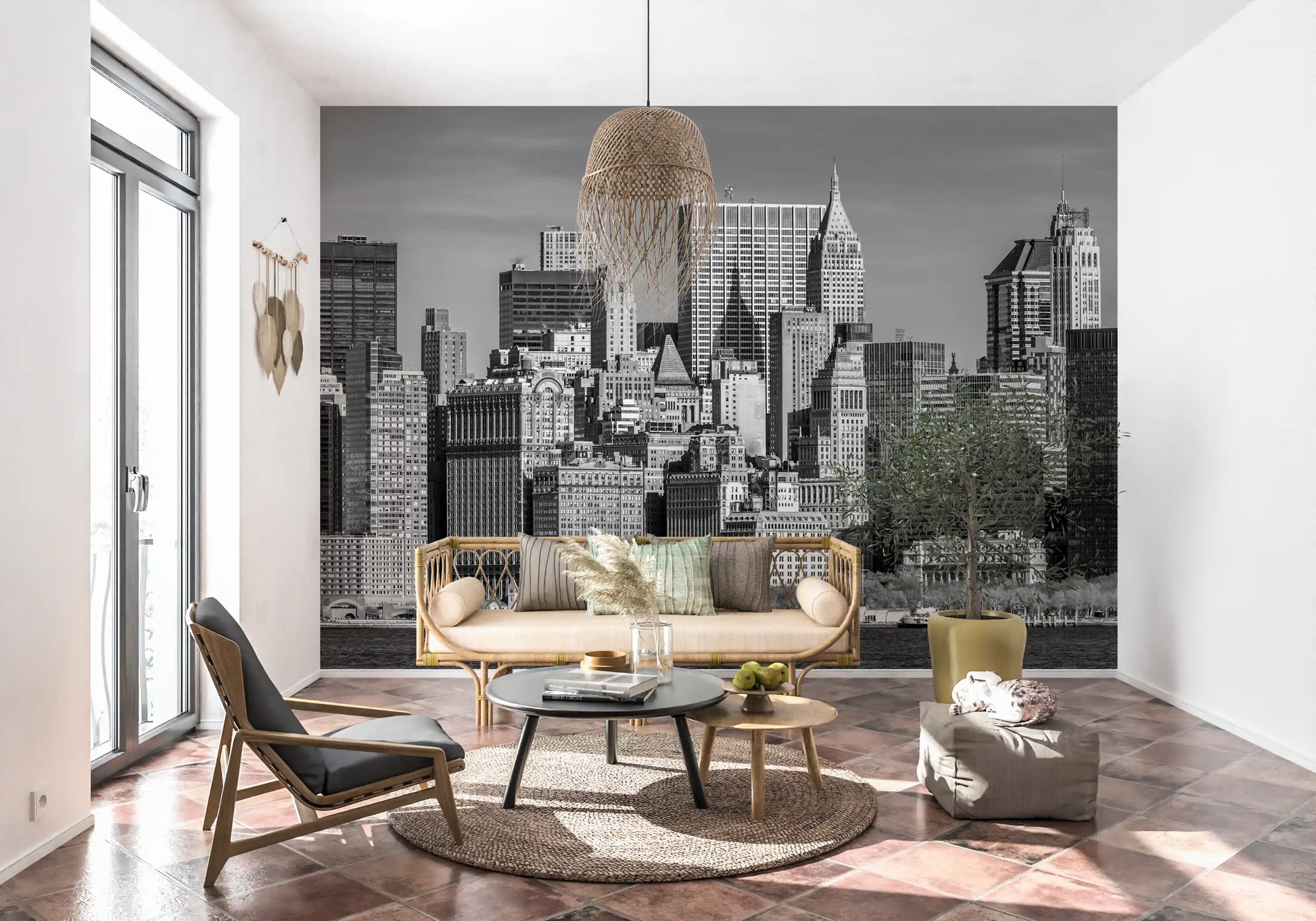 Grey city skyscraper wall mural for a bright hallway interior.