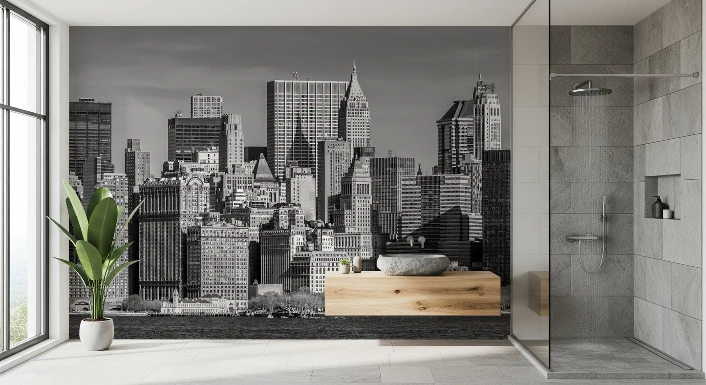 Monochrome architectural skyline wall mural with water foreground.