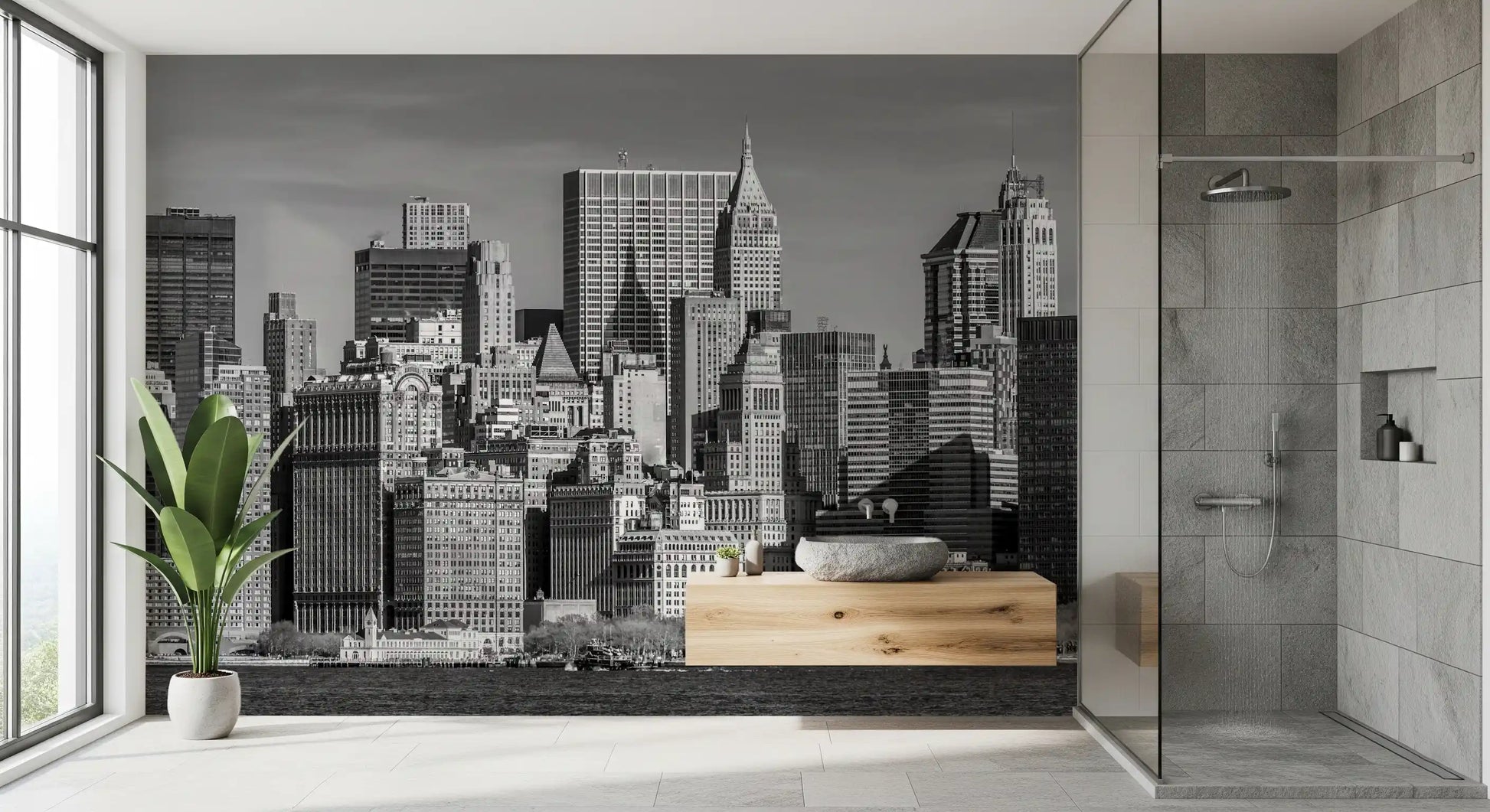 Monochrome architectural skyline wall mural with water foreground.