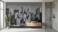 Monochrome architectural skyline wall mural with water foreground.