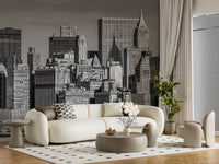 Manhattan Monochrome Majesty Mural as a living room feature wall.
