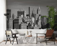 Black and white Manhattan skyline wall mural for a minimalist living area.