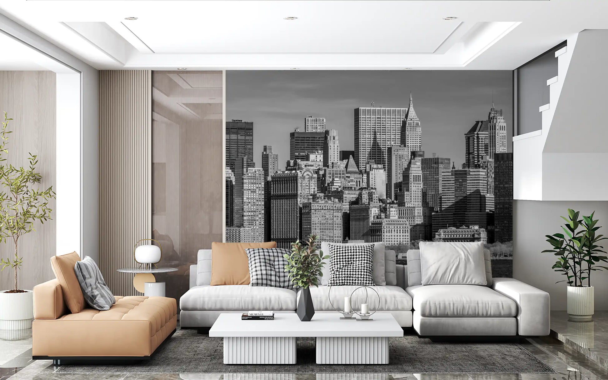 Detailed Manhattan skyline view in grayscale tones wall mural.