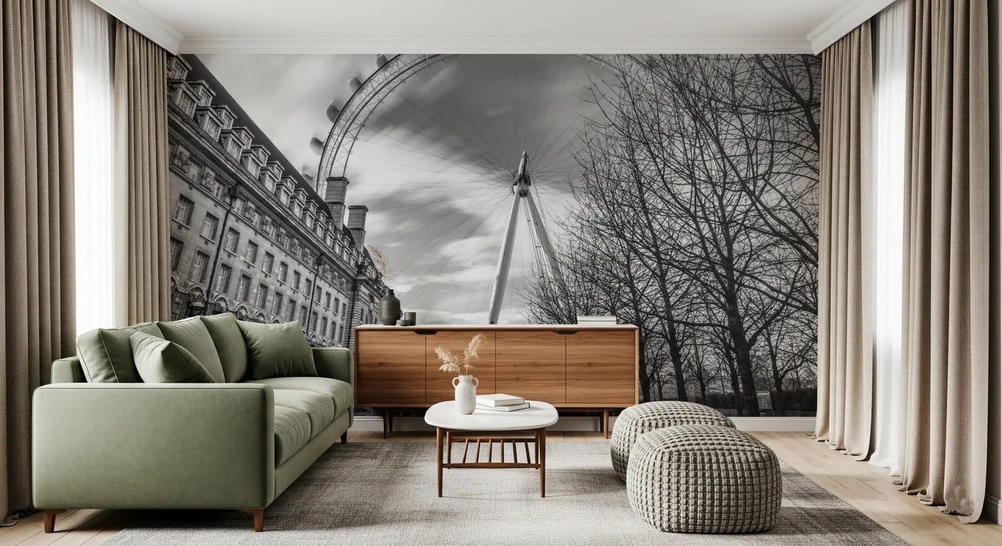 London Eye Monochrome Majesty Wall Mural with long exposure sky and grey clouds., GD9852