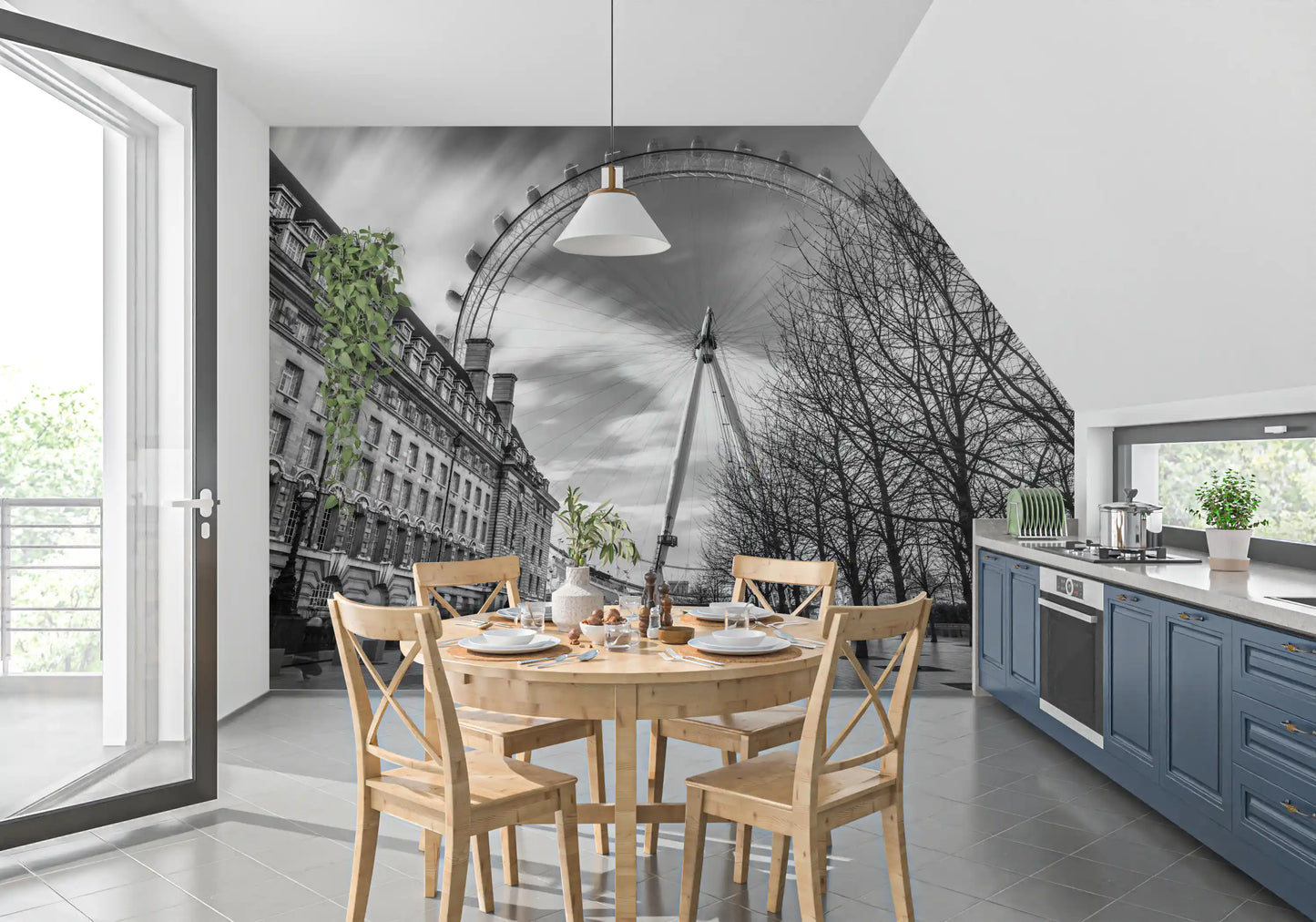 Monochrome Ferris wheel wall mural featuring bare trees and a paved walkway., GD9852