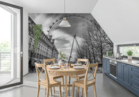 Monochrome Ferris wheel wall mural featuring bare trees and a paved walkway., GD9852