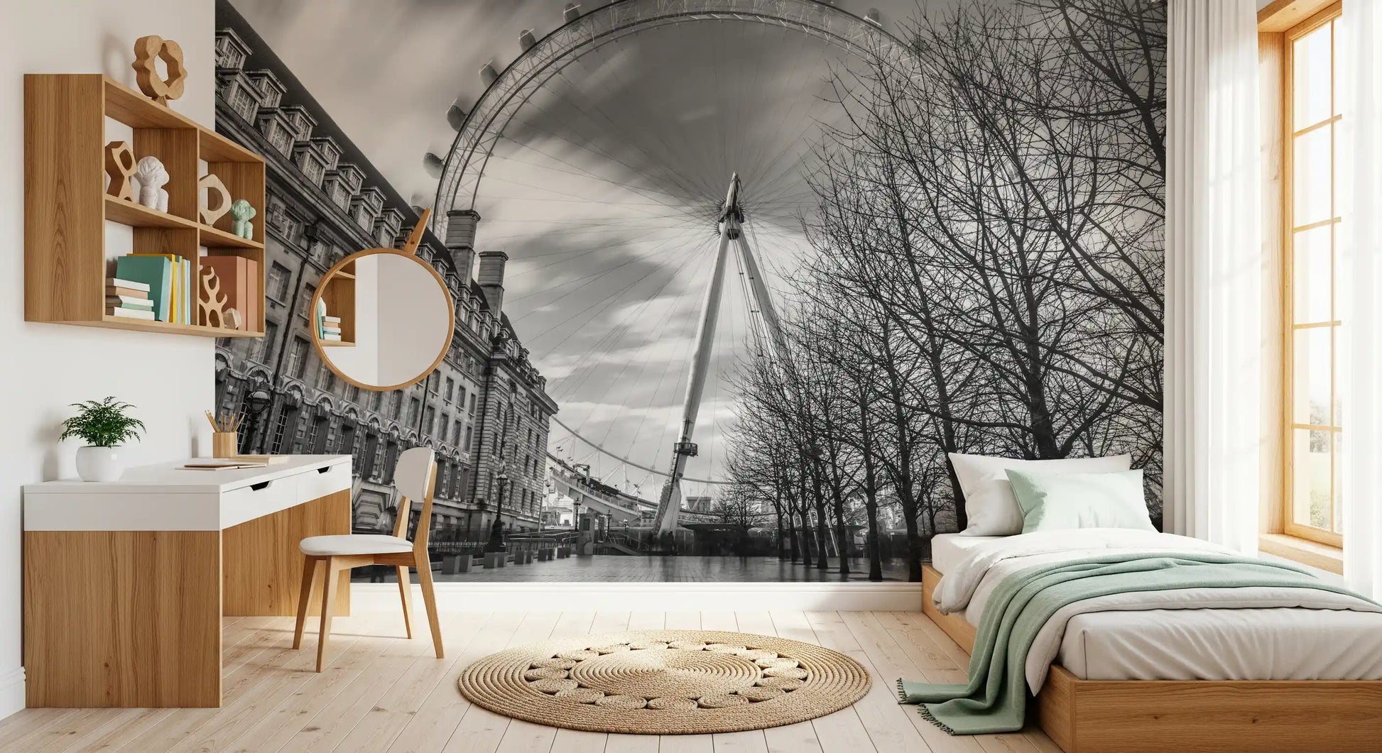 London Eye Monochrome Majesty Wall Mural with a wide sky and grey tone city scenery., GD9852