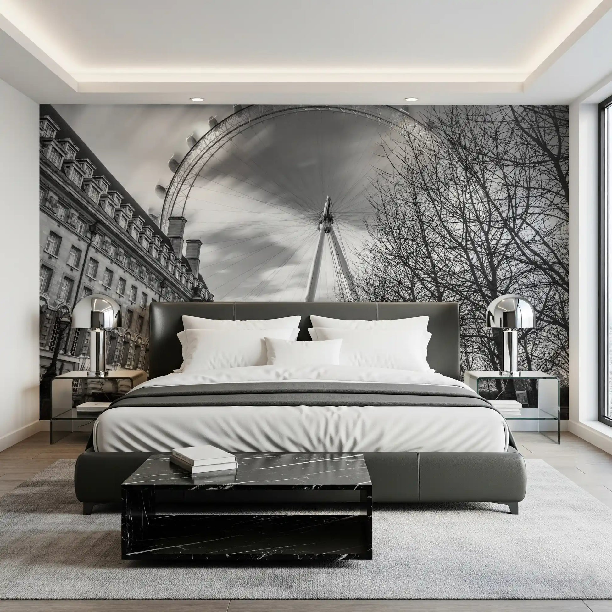 Monochrome city scene mural with the large observation wheel for a master bedroom., GD9852