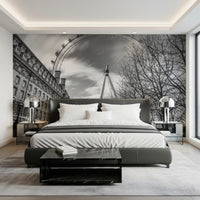 Monochrome city scene mural with the large observation wheel for a master bedroom., GD9852