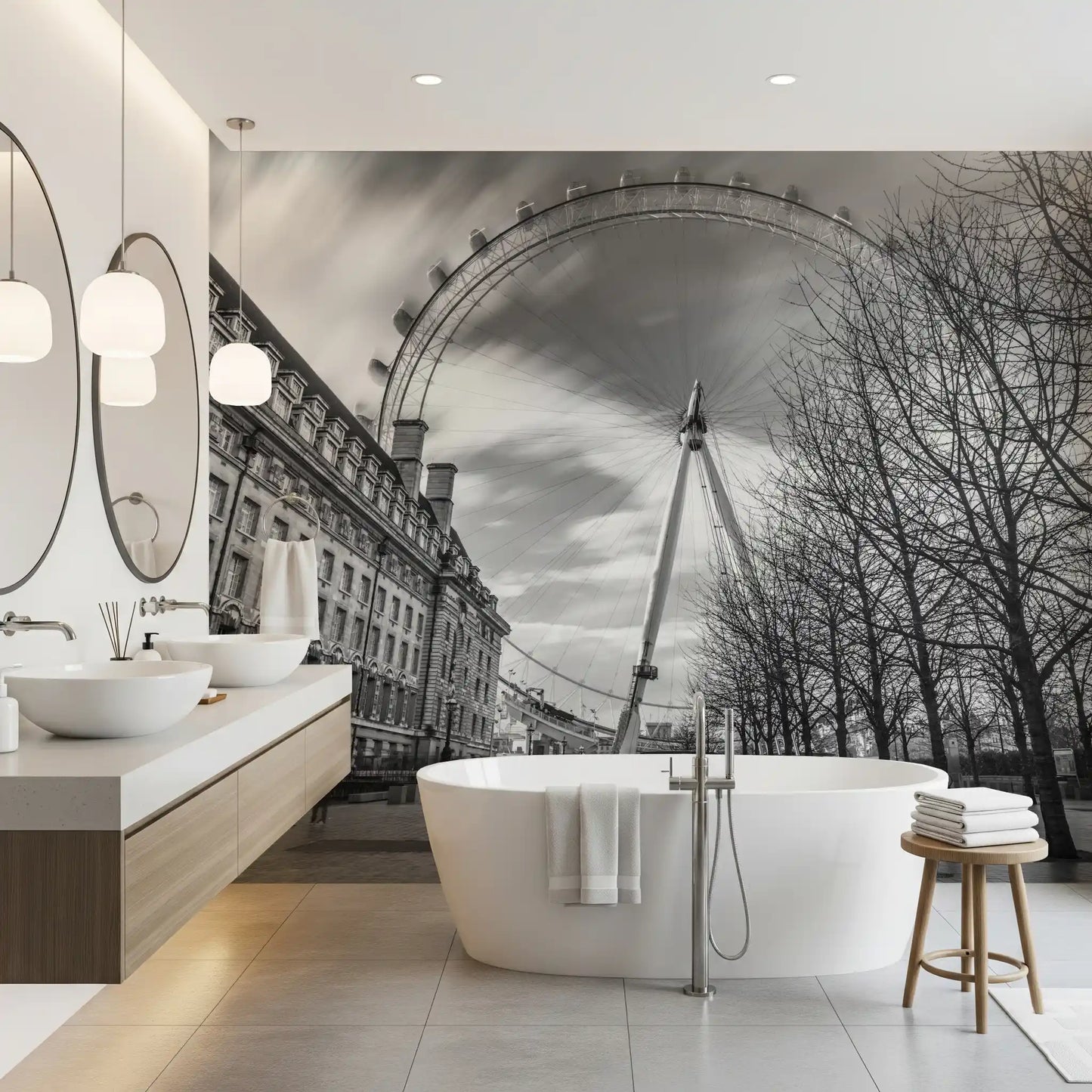London Eye Monochrome Majesty Wall Mural depicting an urban city landscape., GD9852