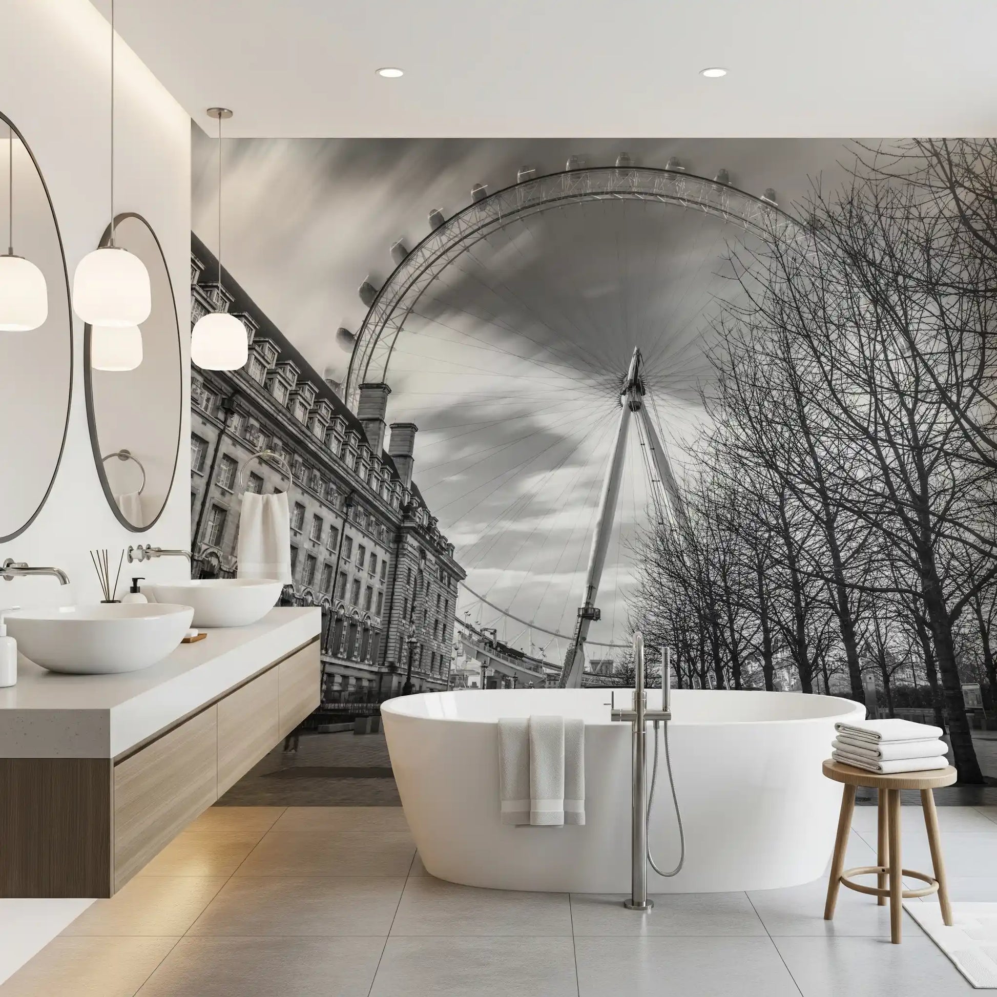London Eye Monochrome Majesty Wall Mural depicting an urban city landscape., GD9852