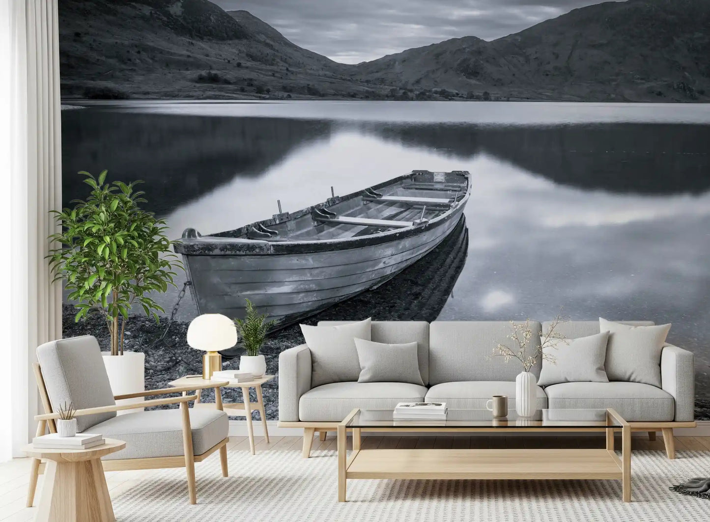 Silent wall mural showing monochrome mountains and wooden boat for living room., GD9853