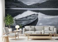 Silent wall mural showing monochrome mountains and wooden boat for living room., GD9853