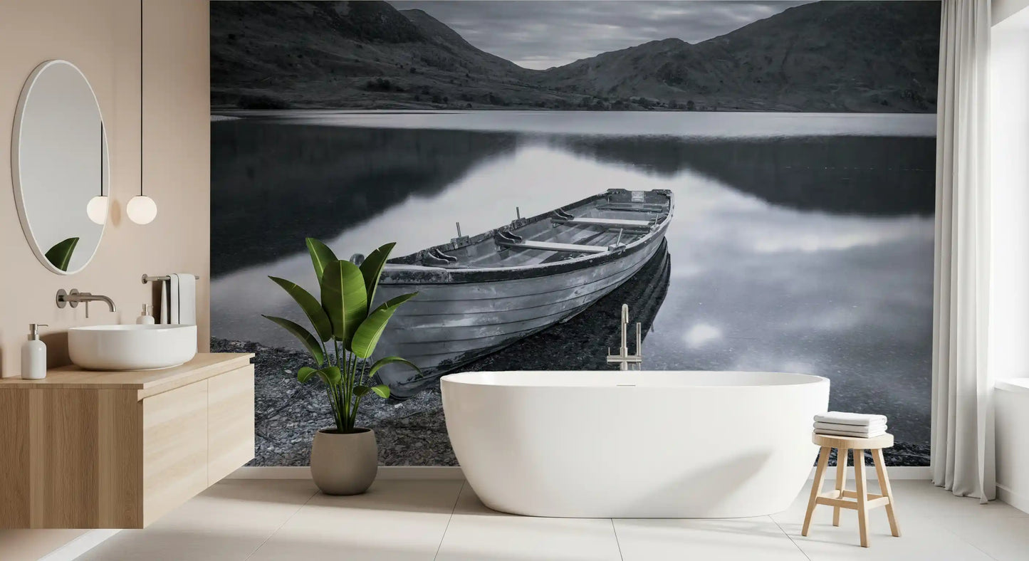 Peaks wall mural with grey mountain landscape and still lake for bathroom., GD9853