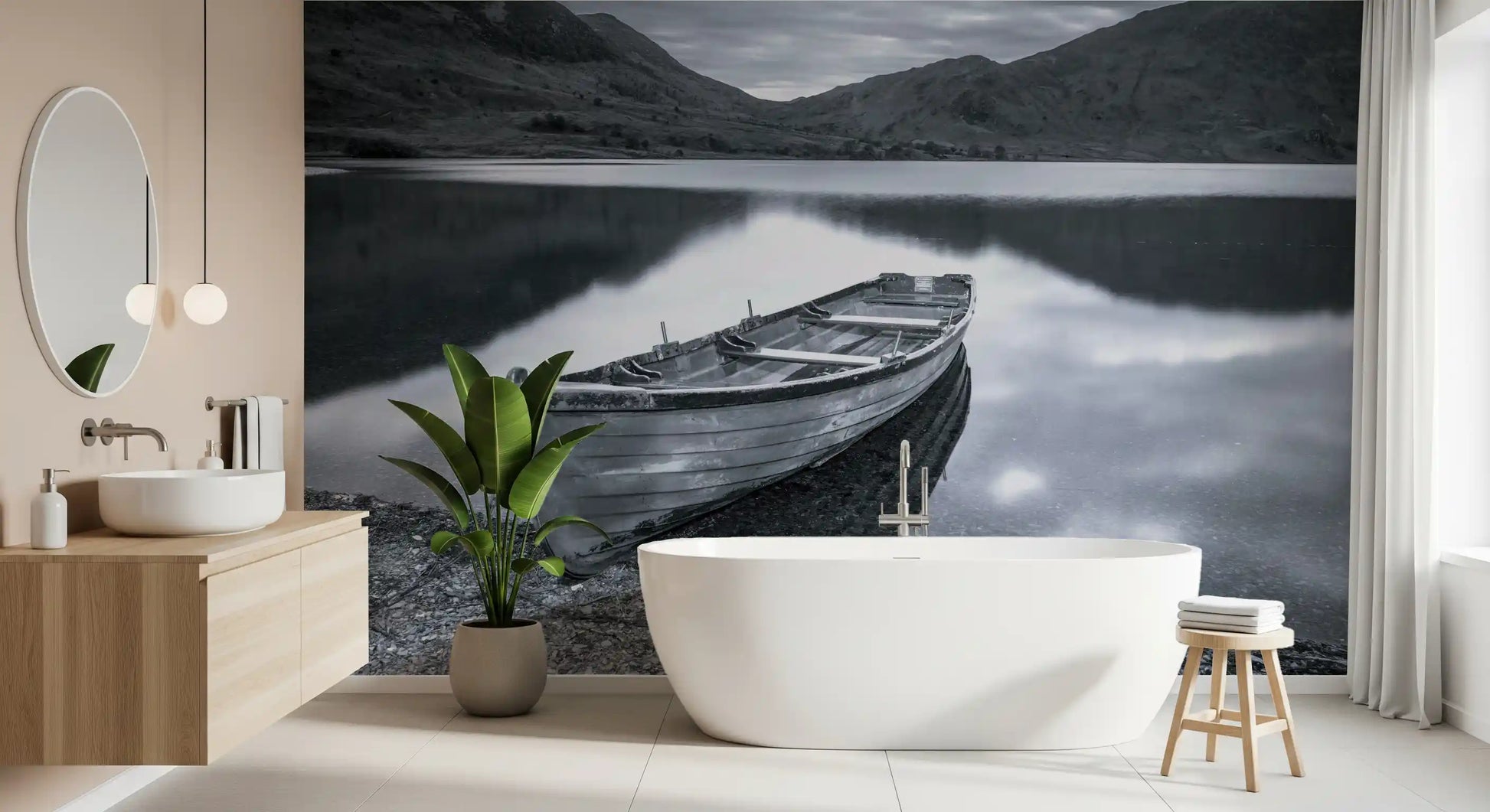 Peaks wall mural with grey mountain landscape and still lake for bathroom., GD9853