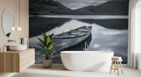 Peaks wall mural with grey mountain landscape and still lake for bathroom., GD9853