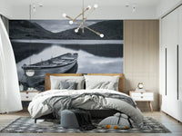 Grey scale wall mural with hill reflections and calm water for master bedroom., GD9853