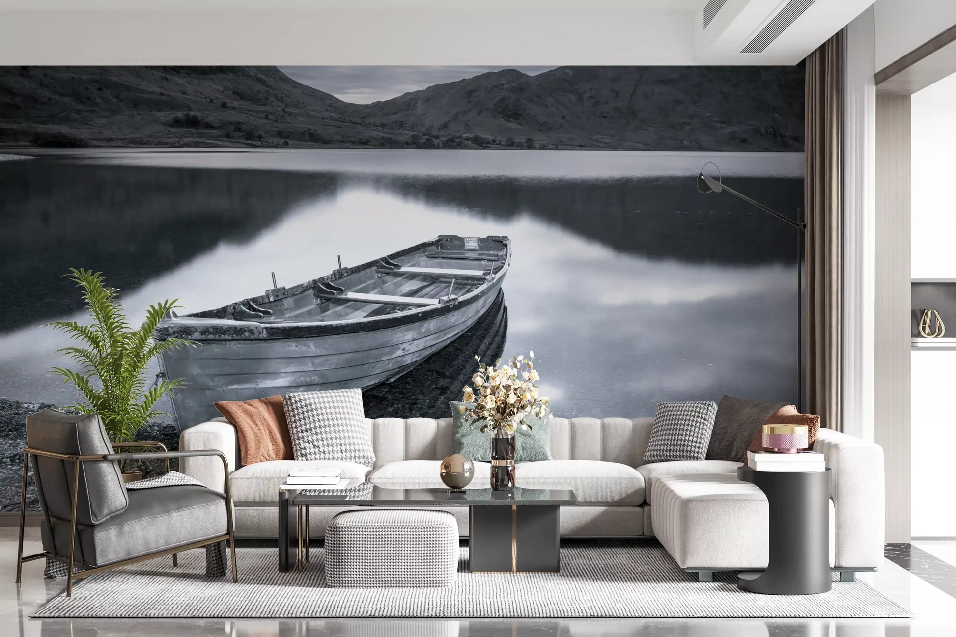 Silent wall mural with a tethered boat and cloudy sky in monochrome style., GD9853