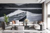 Silent wall mural with a tethered boat and cloudy sky in monochrome style., GD9853