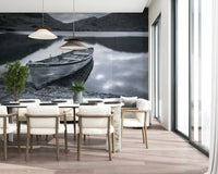Waters wall mural showing a boat on a lake with grey mountains in dining area., GD9853