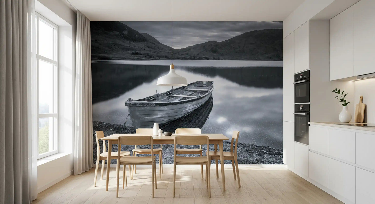 Waters wall mural featuring a lake and pebble shore in black and white tones., GD9853
