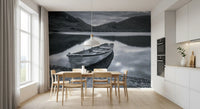 Waters wall mural featuring a lake and pebble shore in black and white tones., GD9853