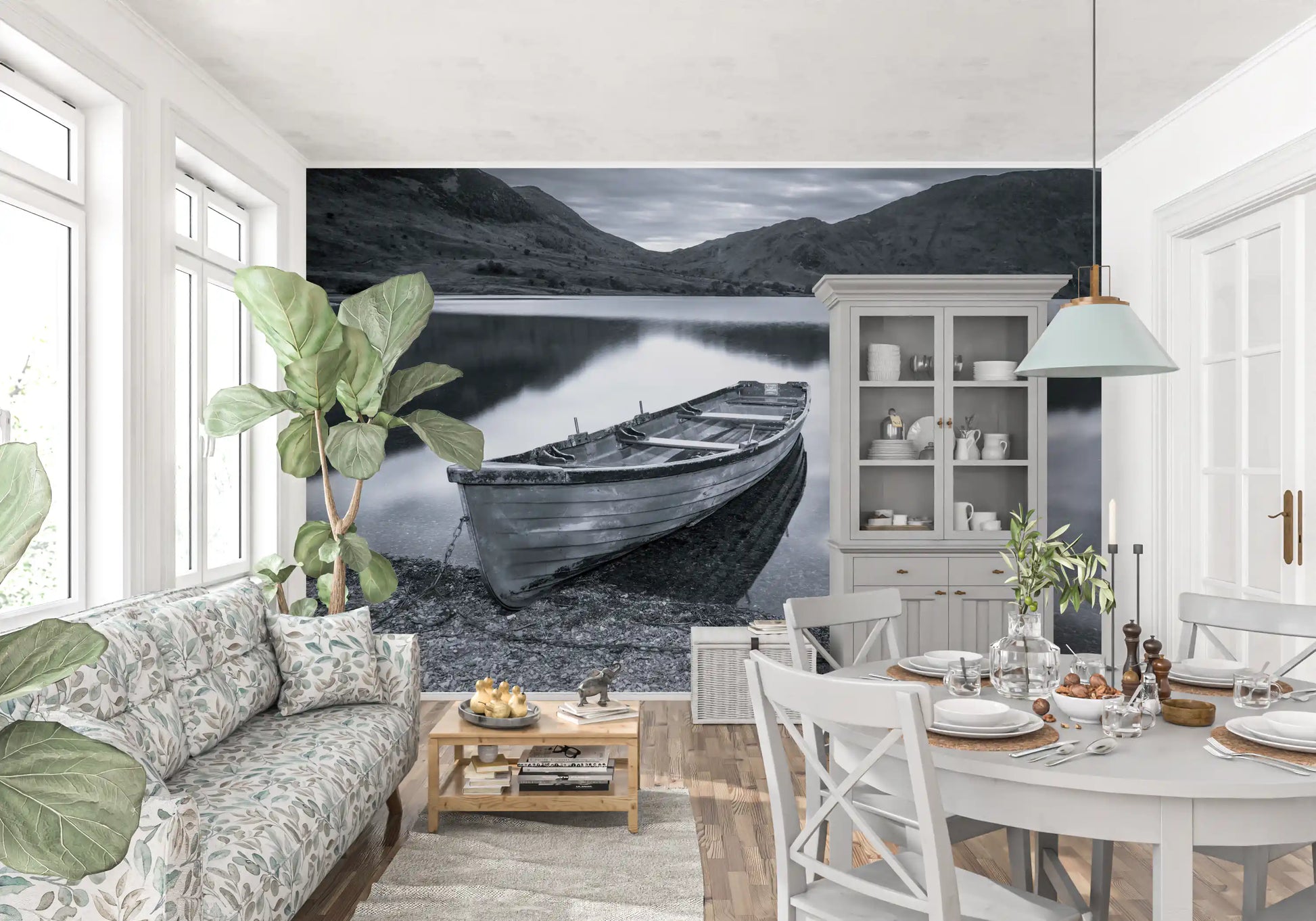 Monochrome mural wall mural with a rowing boat on a stony shore., GD9853